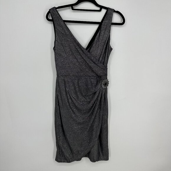 3/$25 Maggy London Cocktail Dress 4 Faux Wrap Metallic Embellished Broch Black - Picture 1 of 9